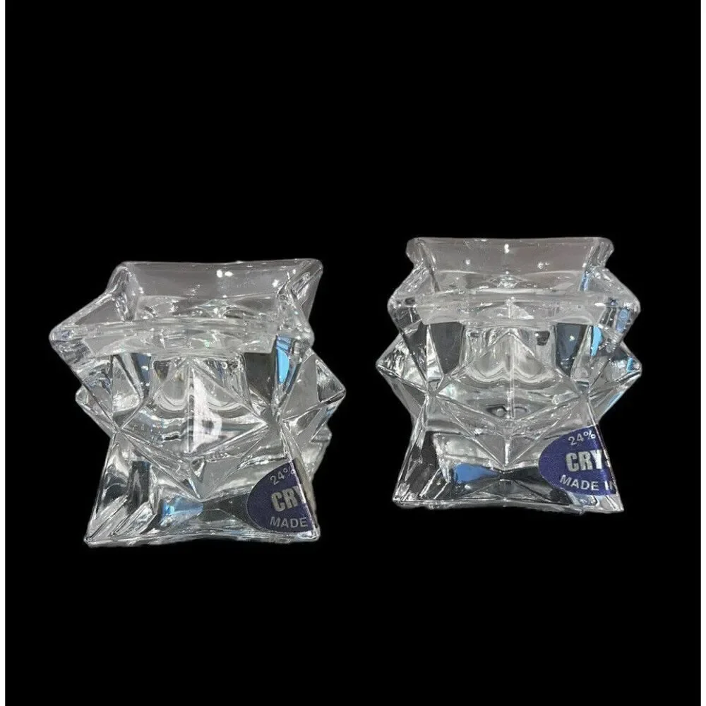 Star Glass Candle Taper Holder 24 % Lead Crystal Stackable Clear pair